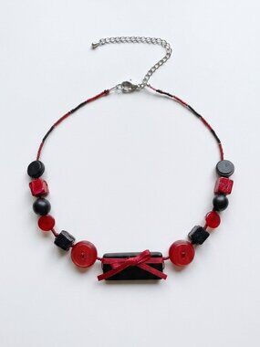 Handmade - Vintage Button & Bead Choker Necklace – Red & Black with Bow Detail